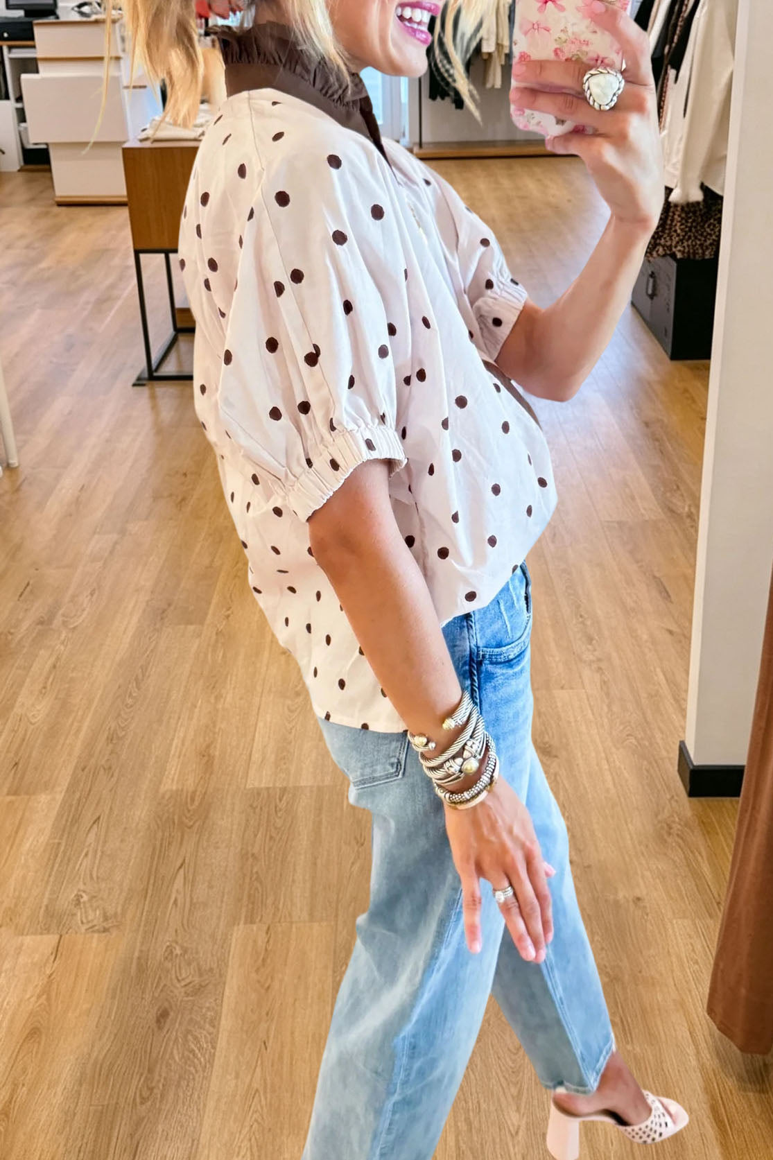 Polka Dot Ruffle Collar Blouse