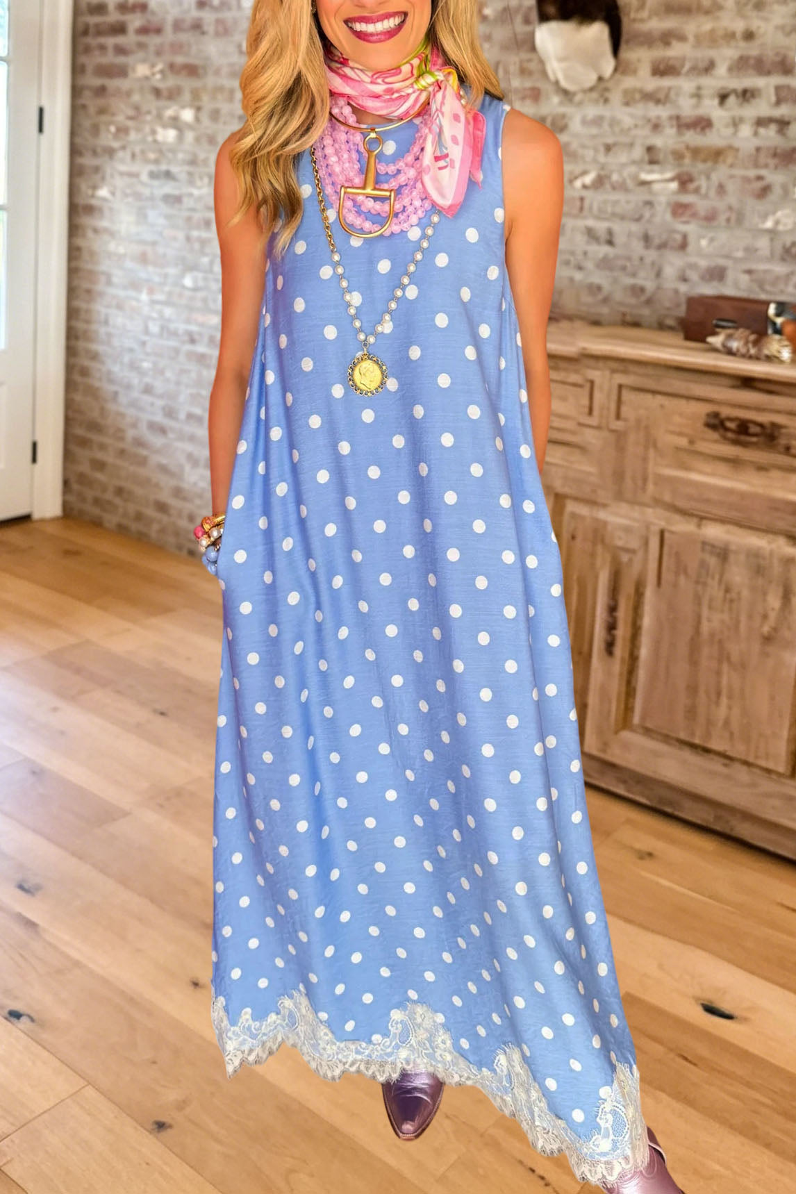 Polka Dot Lace Hem Sleeveless Maxi Dress