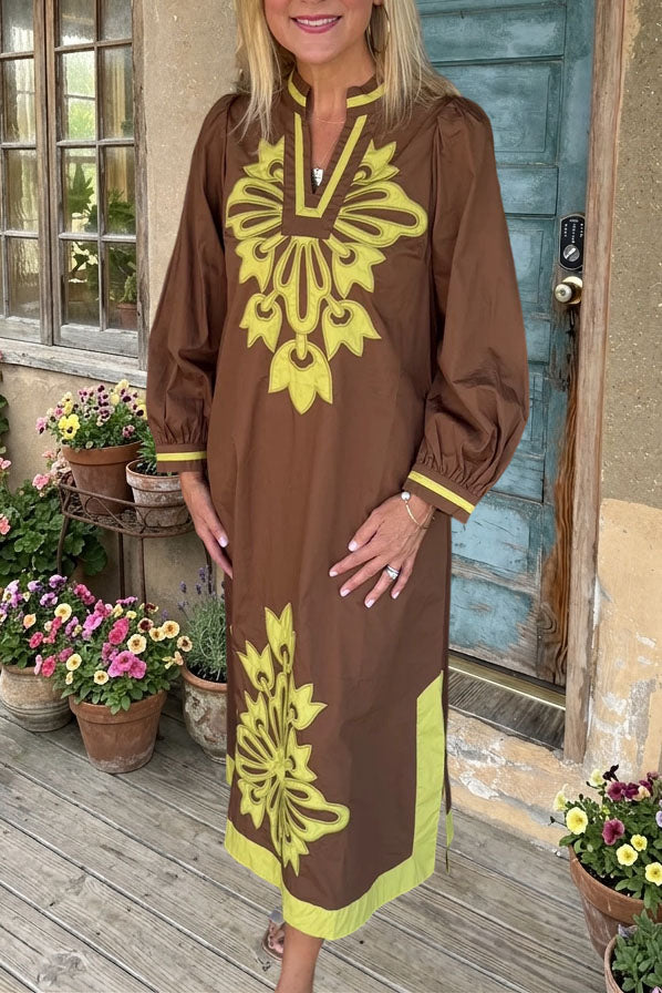 Retro Embroidered V Neck Maxi Dress
