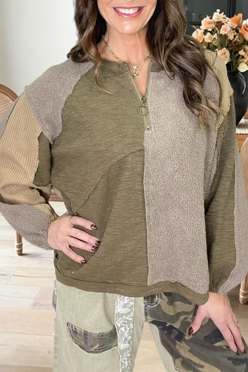 Patchwork Half Zip Pullover Sweatshirt