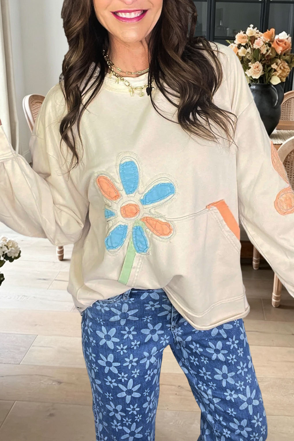 Floral Appliqué Pocket Sweatshirt