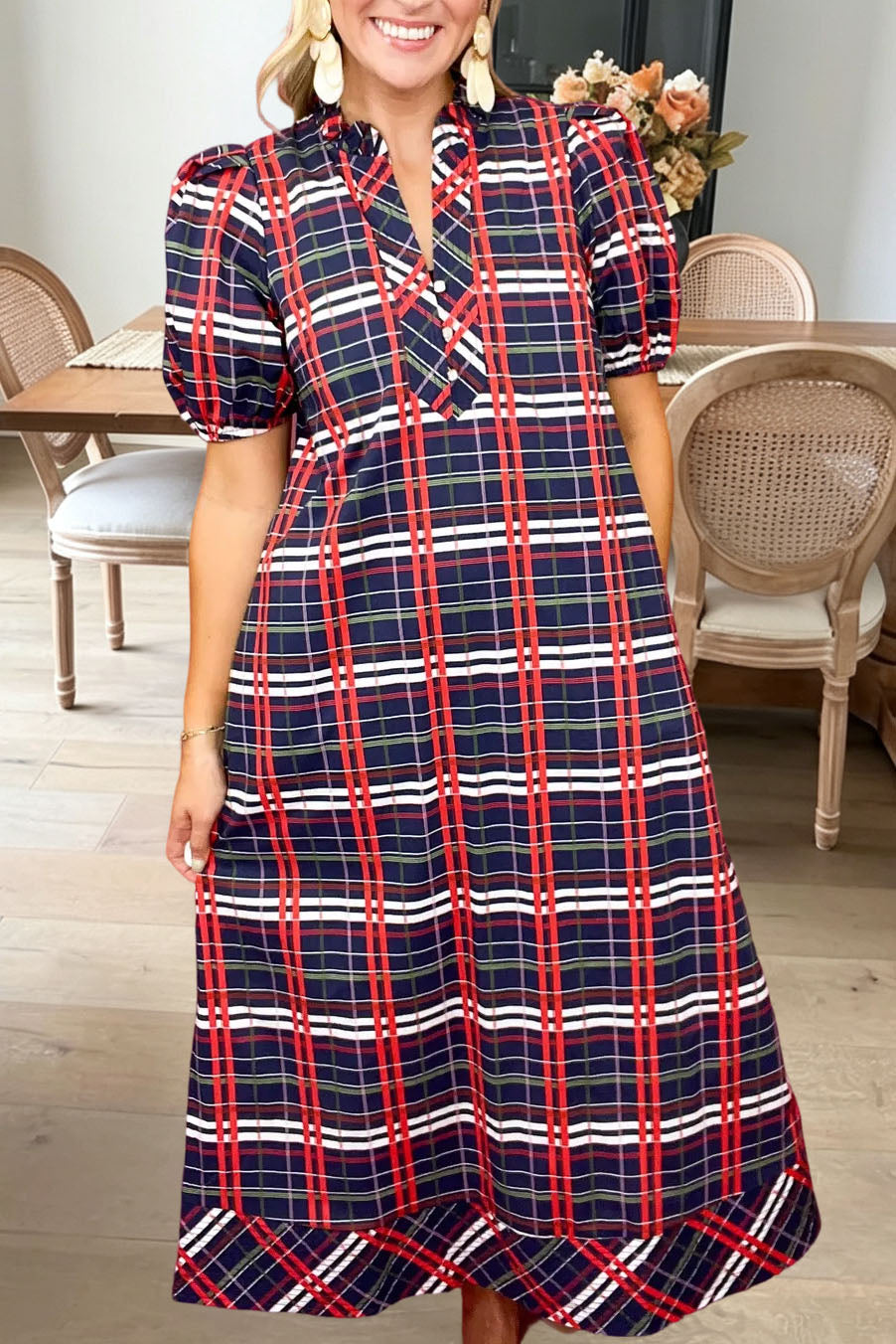 Plaid Short Sleeve V Neck Midi Dress