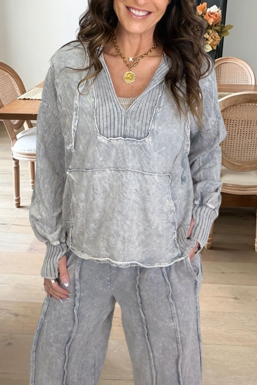 V-Neck Washed Hooded Top