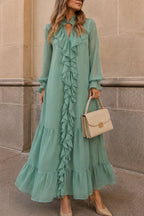 Elegant Ruffle Trim Long Sleeve Maxi Dress