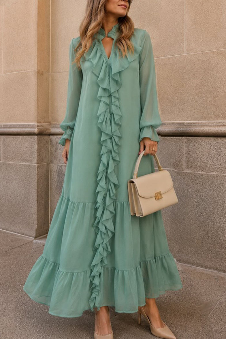 Elegant Ruffle Trim Long Sleeve Maxi Dress