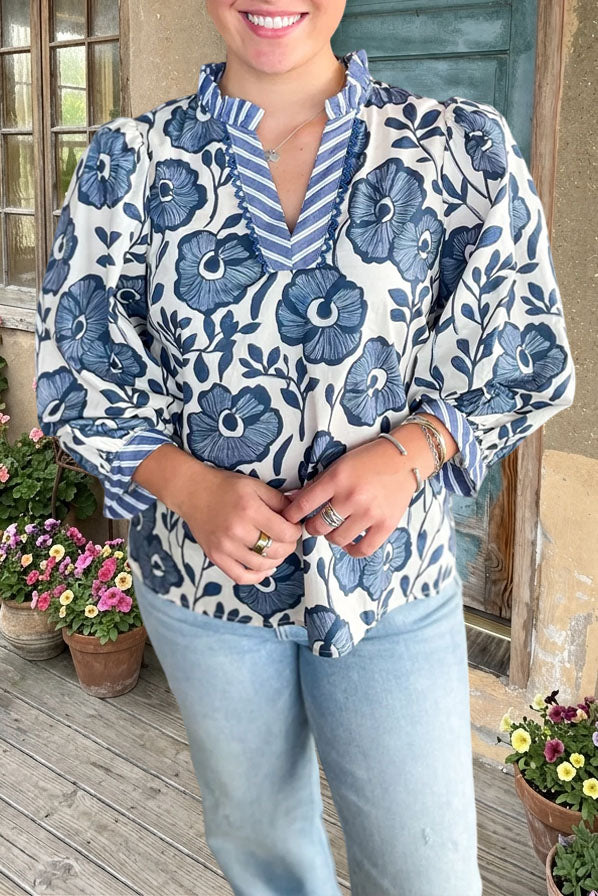 Floral Print V-Neck Ruffle Blouse