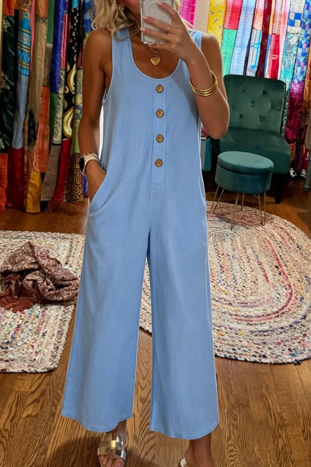Button Sleeveless Wide Leg Jumpsuit