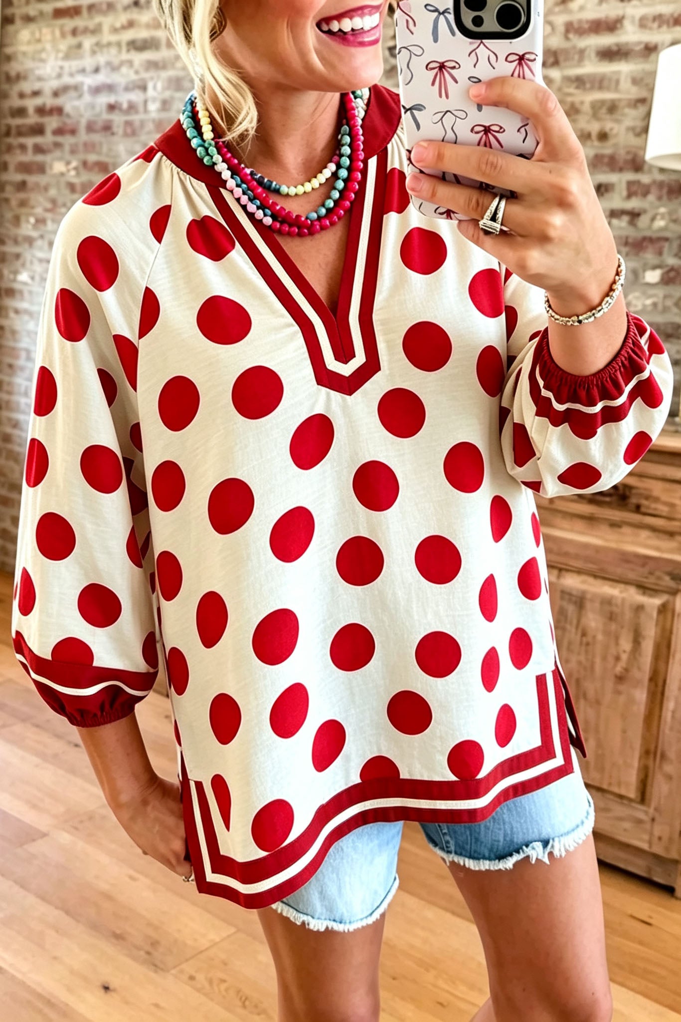 Retro Polka Dot Split V-Neck Top