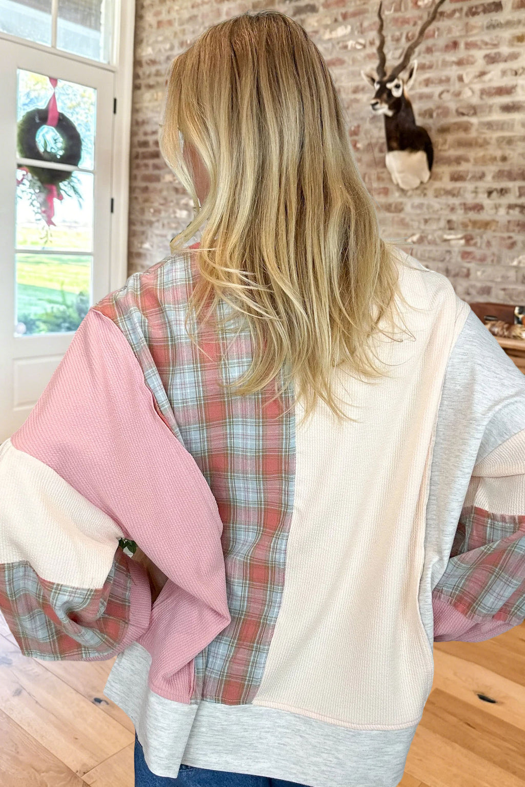 Floral Plaid Patchwork Waffle Sweatshirt