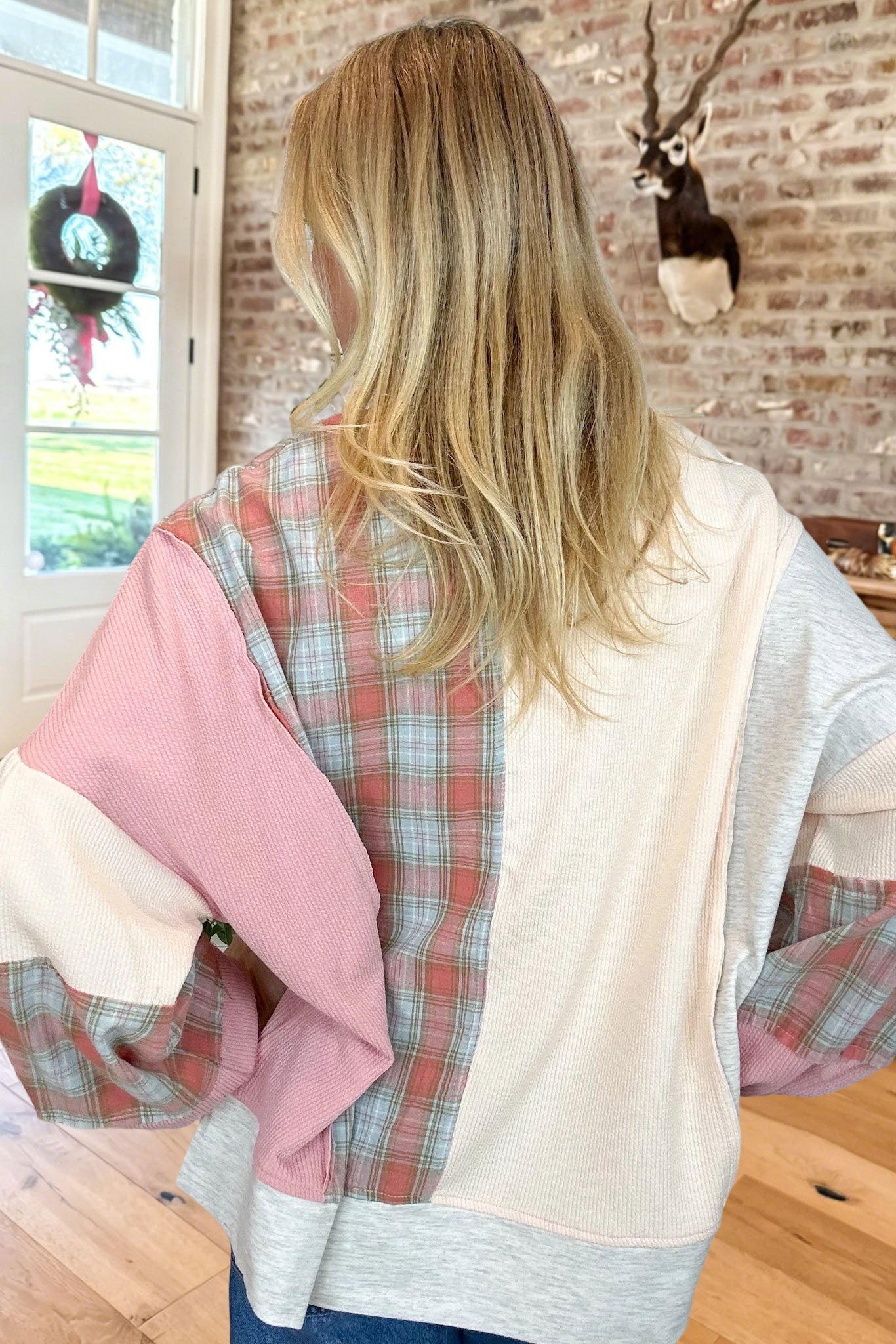 Floral Plaid Patchwork Waffle Sweatshirt