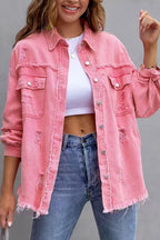 Distressed Raw Hem Denim Jacket