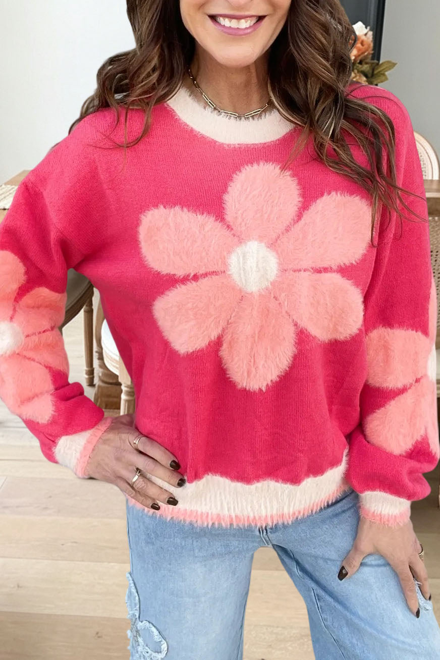 Floral Fuzzy Colorblock Crewneck Sweater