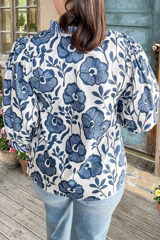Floral Print V-Neck Ruffle Blouse