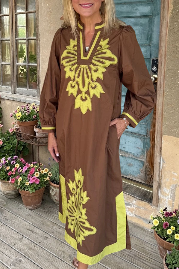 Retro Embroidered V Neck Maxi Dress
