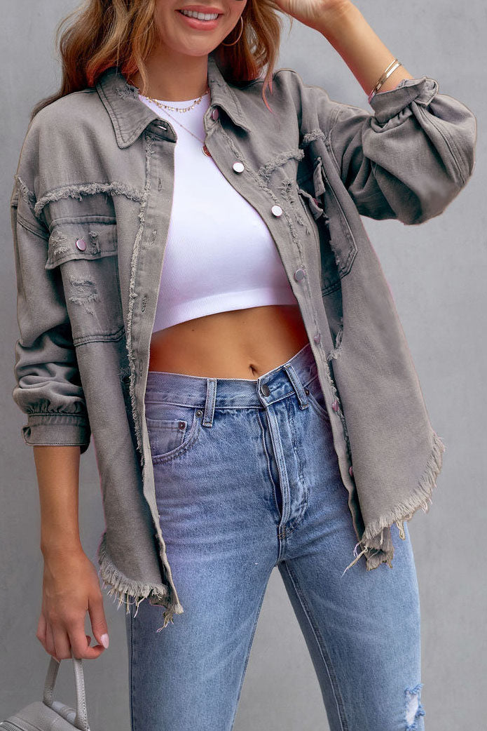 Distressed Raw Hem Denim Jacket