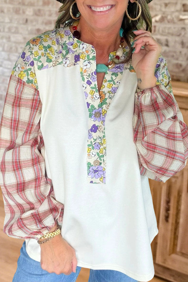 Floral Plaid Patchwork V-Neck Top