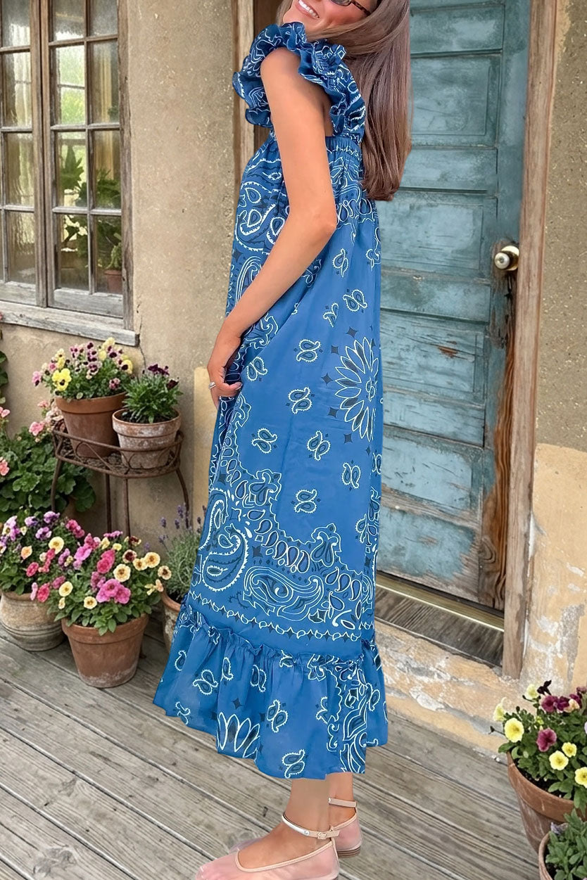 Retro Print Ruffle Maxi Dress