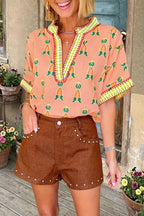 Graphic V-Neck Short Sleeve Blouse