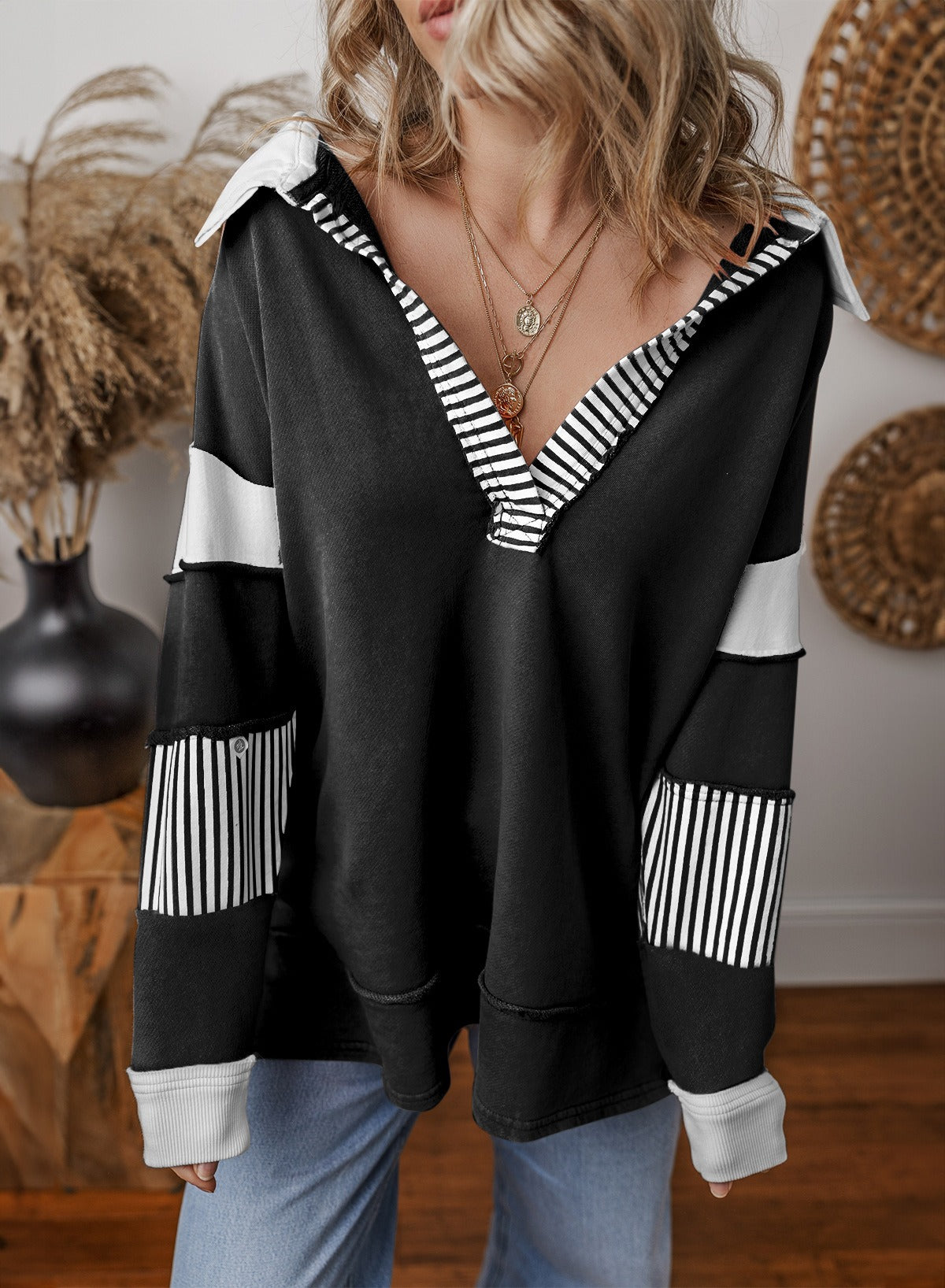 Striped V-Neck Patchwork Pullover