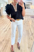 Leopard Trim V-Neck Puff Sleeve Top
