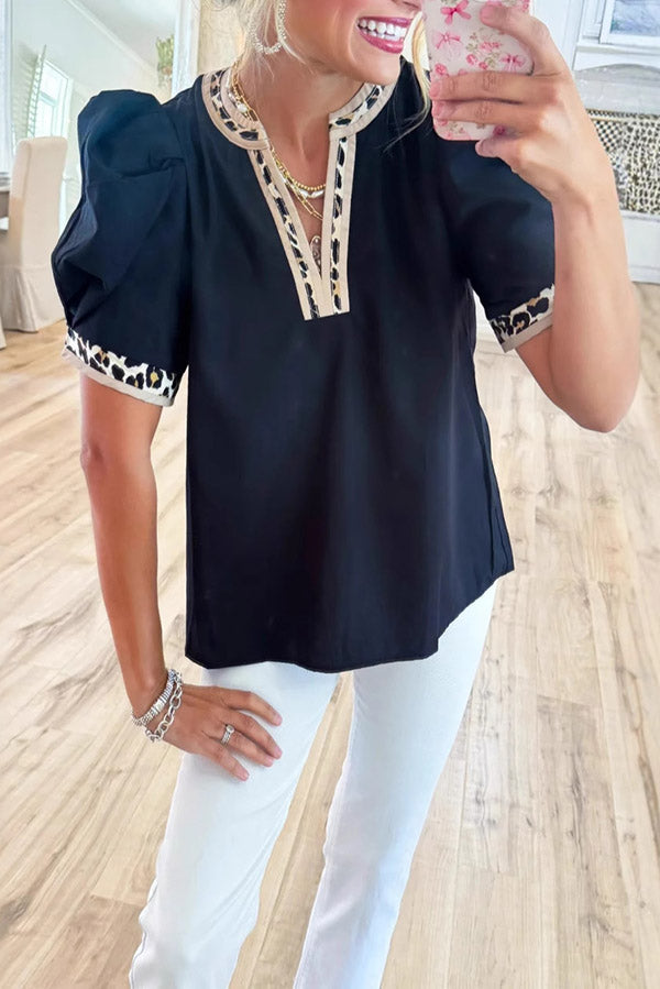 Leopard Trim V-Neck Puff Sleeve Top
