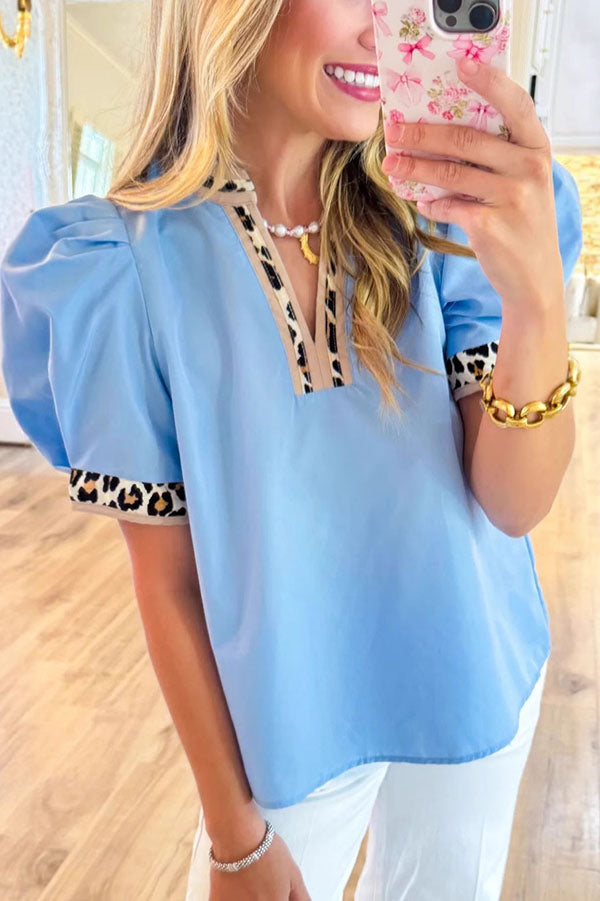Leopard Trim V-Neck Puff Sleeve Top