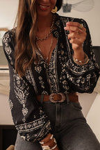 Bohemian V-Neck Ethnic Print Blouse