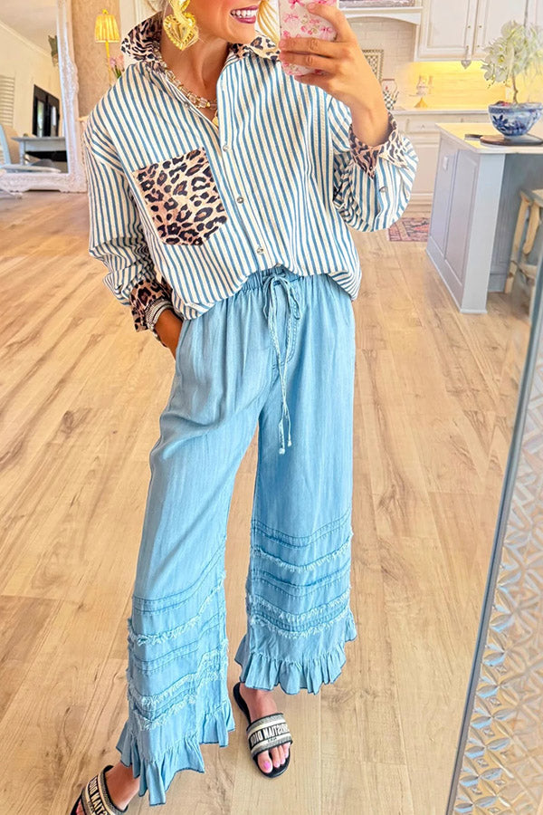 Striped Button Up Shirt with Leopard Pocket