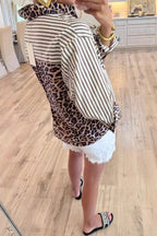 Striped Button Up Shirt with Leopard Pocket