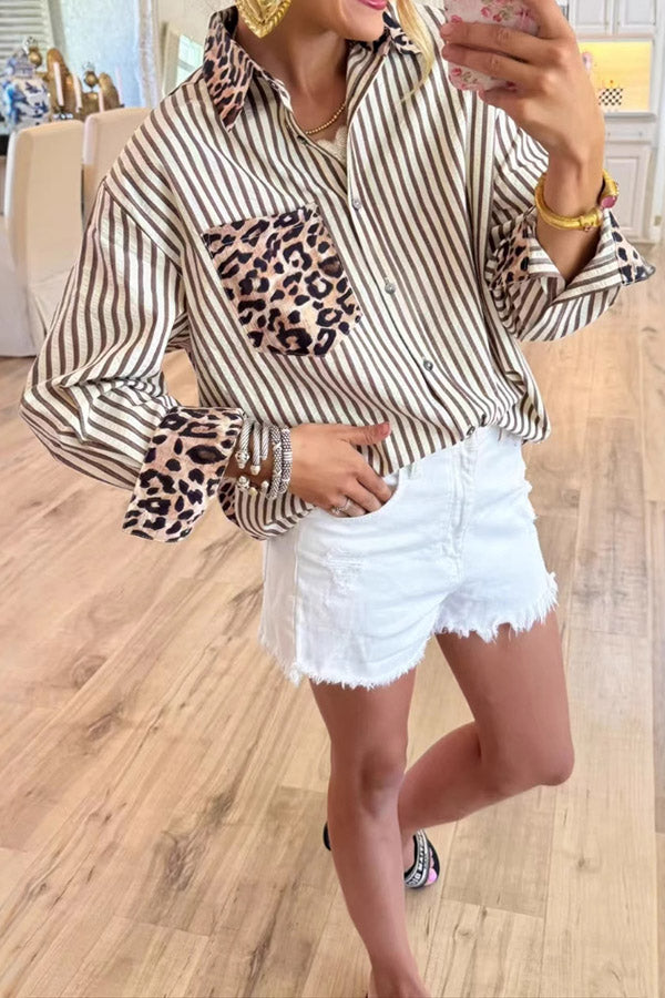 Striped Button Up Shirt with Leopard Pocket