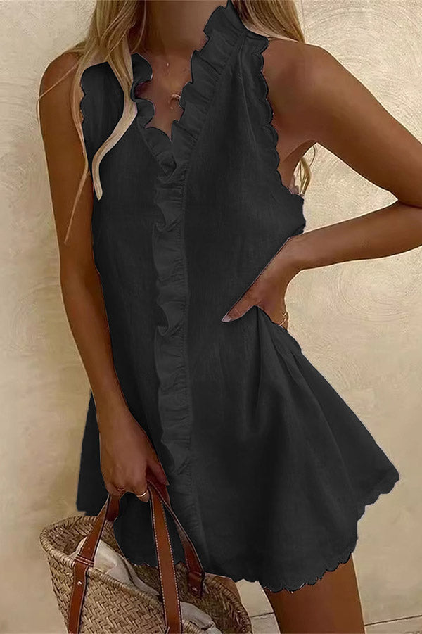 Ruffle Trim Sleeveless V-Neck Mini Dress