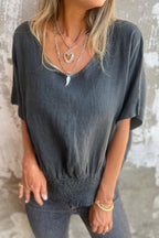 V-Neck Dolman Sleeve Smocked Waist Top