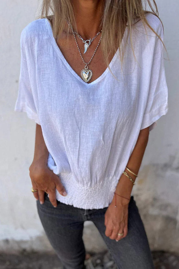 V-Neck Dolman Sleeve Smocked Waist Top