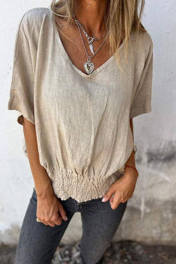 V-Neck Dolman Sleeve Smocked Waist Top