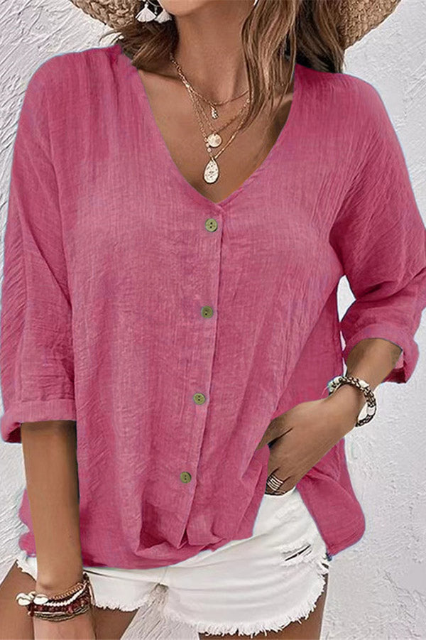 V-Neck Button Up 3/4 Sleeve Blouse