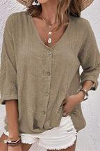 V-Neck Button Up 3/4 Sleeve Blouse