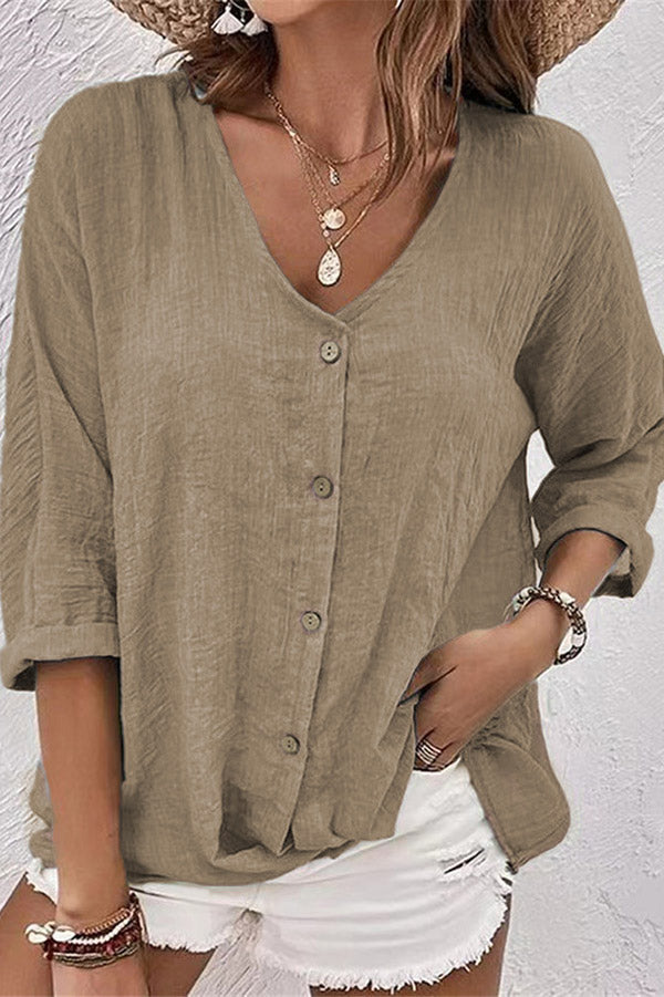 V-Neck Button Up 3/4 Sleeve Blouse