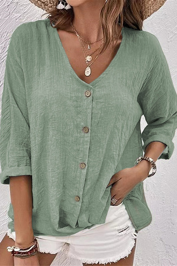 V-Neck Button Up 3/4 Sleeve Blouse