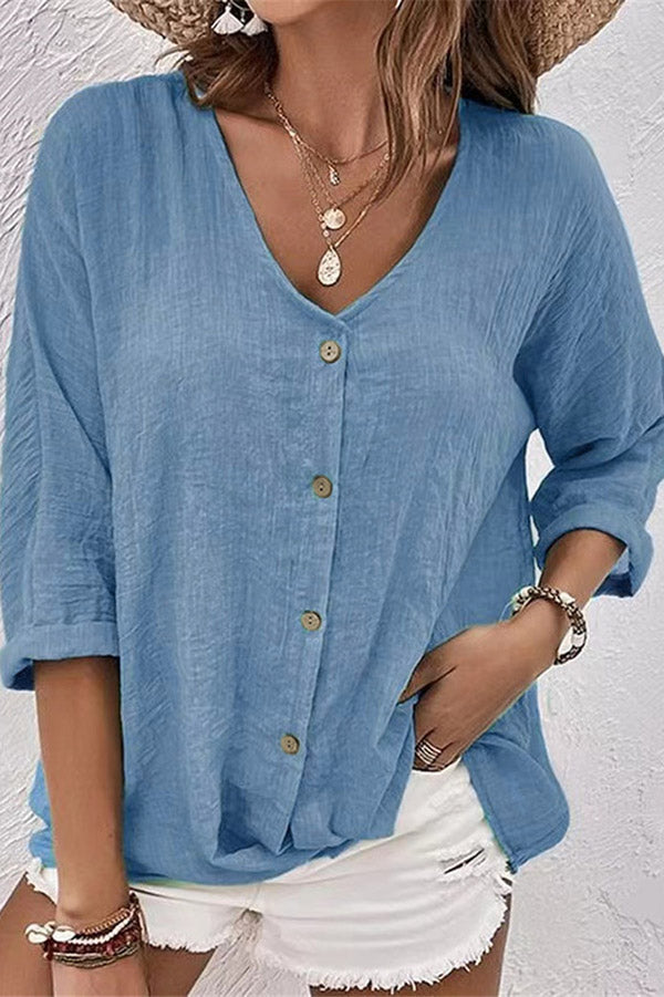 V-Neck Button Up 3/4 Sleeve Blouse