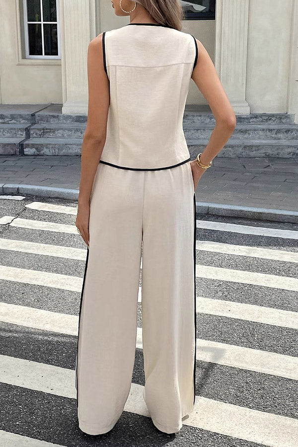 Contrast Trim Vest & Wide Leg Pants Set