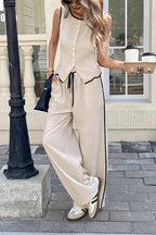 Contrast Trim Vest & Wide Leg Pants Set