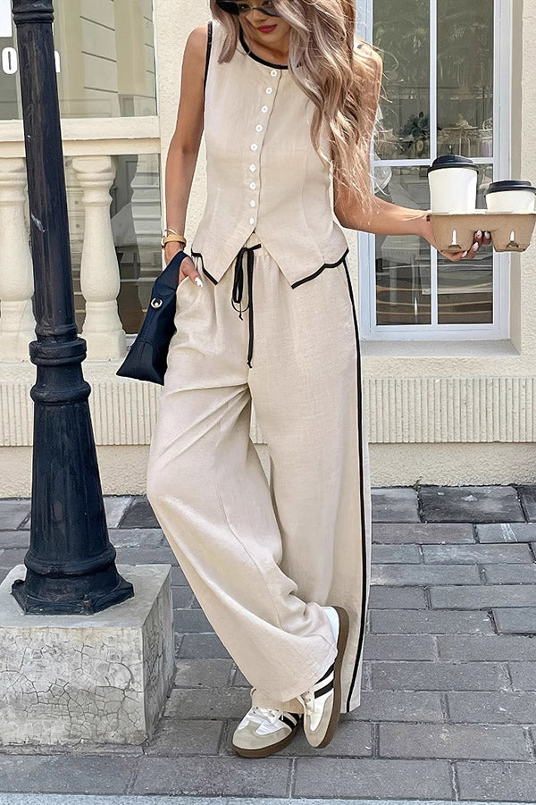 Contrast Trim Vest & Wide Leg Pants Set
