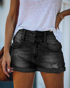 Mid Rise Rolled Hem Ripped Denim Shorts