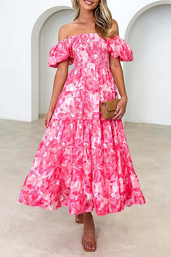 Off-Shoulder Printed Tiered Maxi Dress