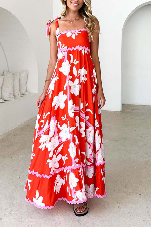Floral Tie-Shoulder Scalloped Maxi Dress