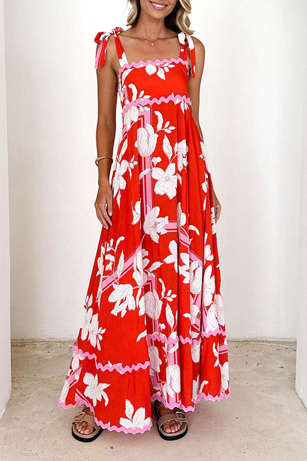 Floral Tie-Shoulder Scalloped Maxi Dress