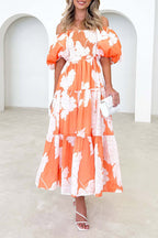 Off-Shoulder Floral Puff Sleeve Maxi
