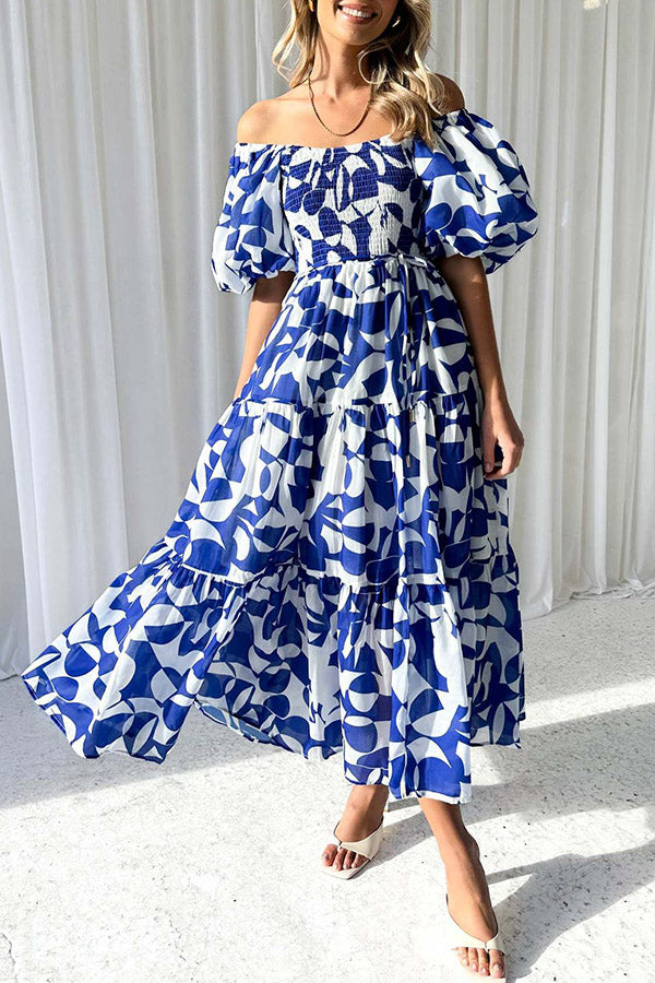 Off-Shoulder Floral Puff Sleeve Maxi