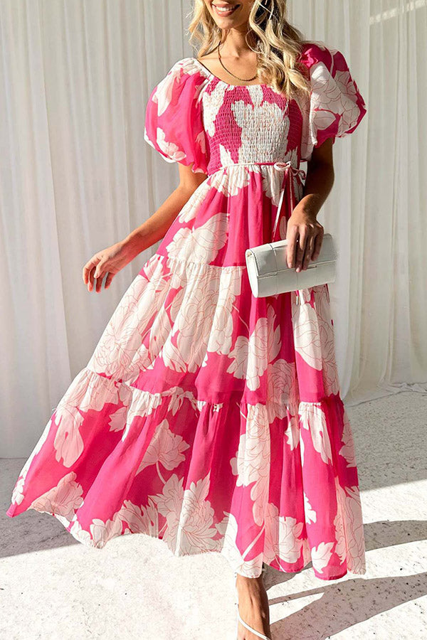 Off-Shoulder Floral Puff Sleeve Maxi