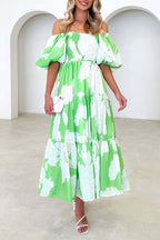 Off-Shoulder Floral Puff Sleeve Maxi